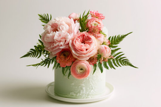 Elegant sage green celebration cake adorned with peony, garden rose, ranunculus and fern foliage, finished with textured buttercream on a clean white studio background.