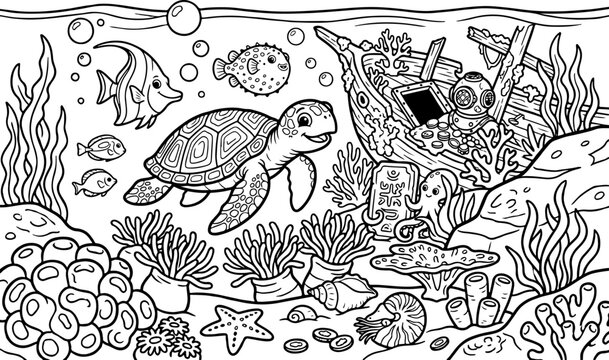 Cartoon-Umriss einer Meereslebewesen-Szene, handgezeichnete Linienkunst-Illustration, Doodle-Kunst-Malvorlage f&uuml;r Kinder
