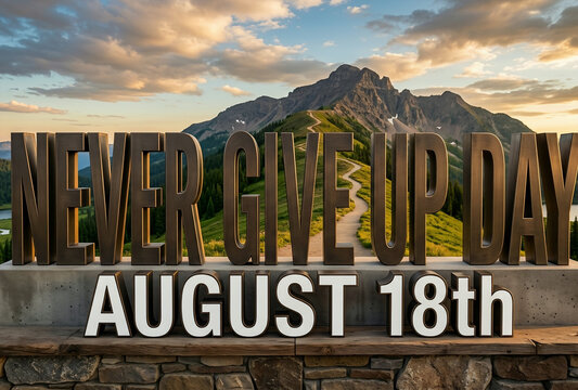 Never Give Up Day August 18th Mountain Landscape Motivational Sign