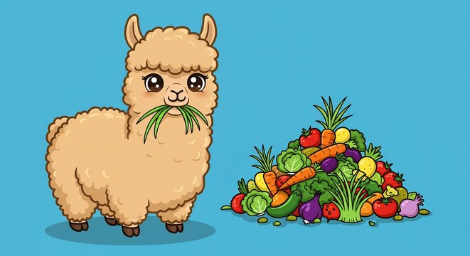 Fluffy Llama and Bounty of Vegetables: A cute cartoon llama with wide, innocent eyes munches on fresh grass, standing beside a vibrant, overflowing pile of healthy vegetables.