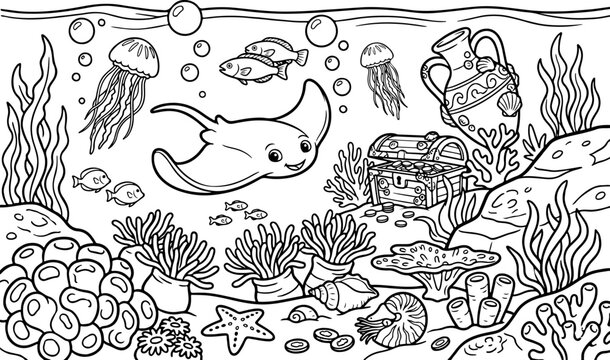 Cartoon-Umriss einer Meereslebewesen-Szene, handgezeichnete Linienkunst-Illustration, Doodle-Kunst-Malvorlage f&uuml;r Kinder