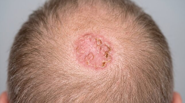 Close up view of kerion scalp ringworm fungal infection on bald man head