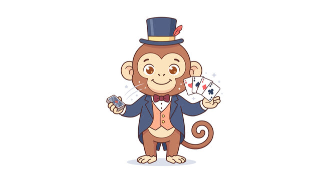 Cute monkey magician illustration performing magic card tricks