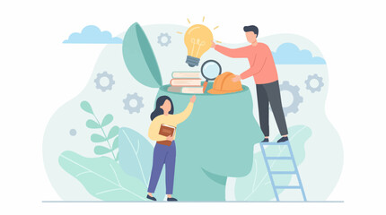 Obraz premium People developing ideas and knowledge in an open human mind concept