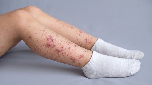 Purpura rash spots on child legs due to Henoch Schonlein purpura closeup