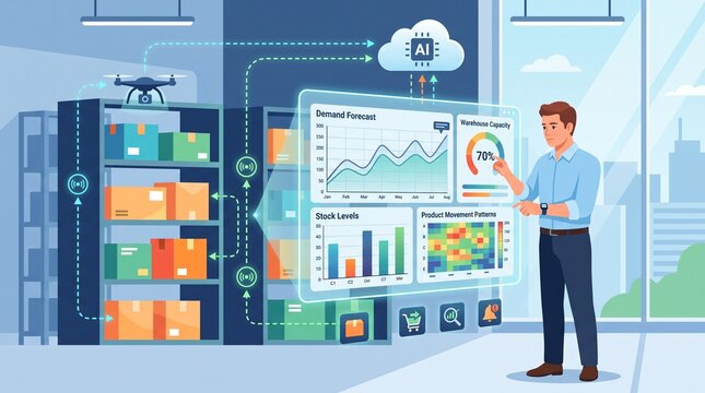 Professional analyzing smart warehouse inventory management system with ai integration with depicts professional reviewing advanced digital inventory system