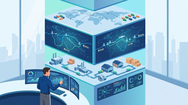 Professional monitoring global supply chain logistics with advanced analytics dashboard with operations manager analyzing depicts focused operations chain visuals industrial