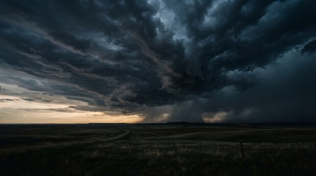 Dramatic dark storm clouds gathering over a flat landscape at sunset.