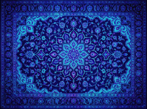 Intricate carpet pattern featuring vibrant blue design with floral motifs and geometric shapes