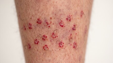 Fototapeta premium Red petechiae rash spots and inflamed hair follicles on lower leg closeup