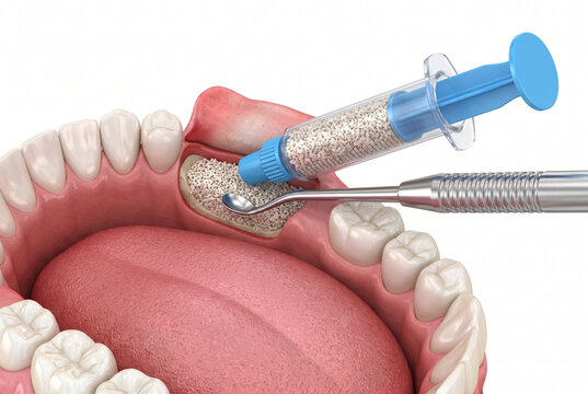 3D Medical Illustration of Dental Bone Graft Surgery with Instrument Placement