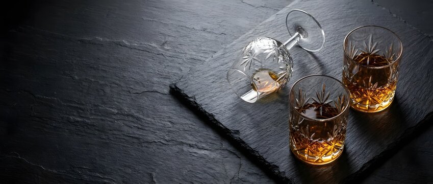 Luxury Whiskey Glasses Flat Lay on Dark Stone Background with Copy Space