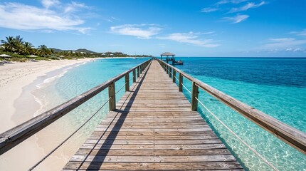 Fototapeta premium Wooden pier leading to the ocean on a tropical beach with crystal clear turquoise water