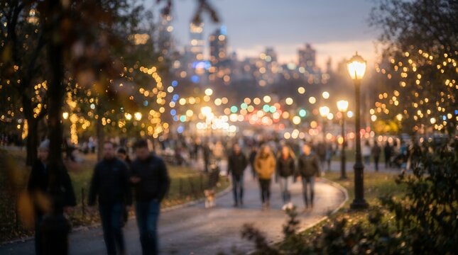 People walking through a park illuminated by festive holiday lights at dusk.