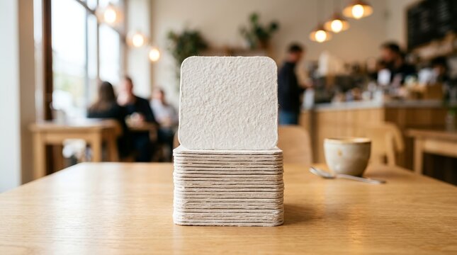 Stack of blank coasters on a wooden table in a cafe with blurred background.