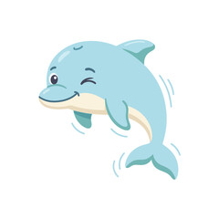 Fototapeta premium Cute blue dolphin winking and jumping cartoon vector illustration