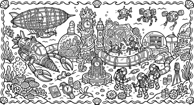 Die verlorene Stadt Atlantis, handgezeichnete Cartoon-Umrisszeichnung, Strichzeichnung, Malvorlage f&uuml;r Kinder