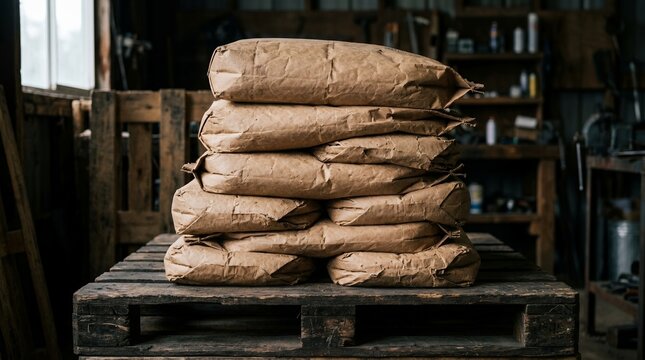 Stack of Brown Paper Sacks on Wooden Pallet in Warehouse.