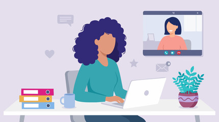 Fototapeta premium Woman working from home, engaged in a virtual meeting via laptop