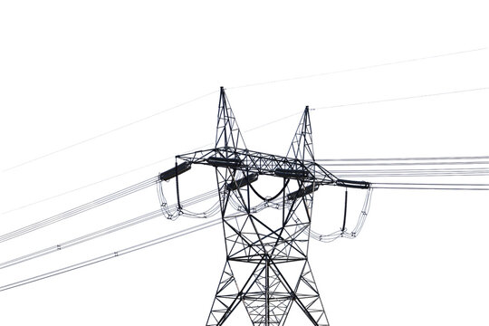 Electric power transmission tower with cables against white background PNG isolated on transparent background