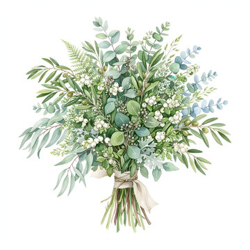 Luxury green botanical foliage bouquet watercolor clipart isolated on white background