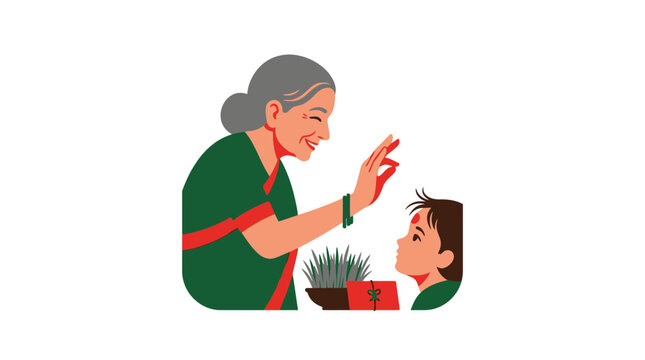 Grandmother Applying Tika to Grandson for Dashain Festival