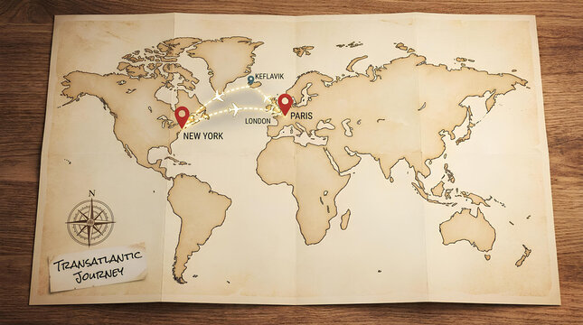 Vintage world map showing transatlantic travel routes and destinations.