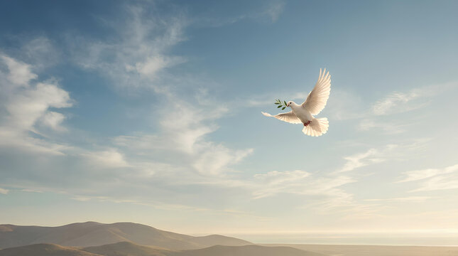 White dove carrying olive branch through bright cloudy sky.