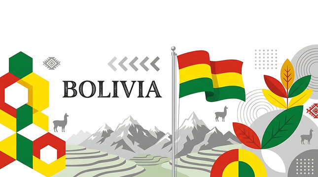 Llama Bolivia Bolivian flag Independence Day South America Andes mountains illustration celebrating the national heritage with llamas and ethnic