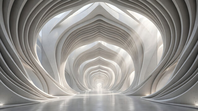Clean parametric corridor featuring layered curved arches, soft natural light, and elegant futuristic architectural symmetry.