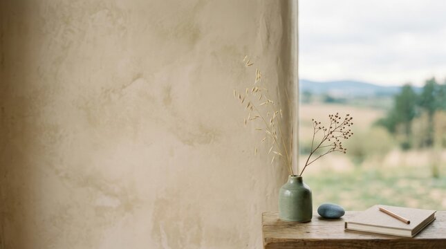 Minimalist interior scene with natural light and view