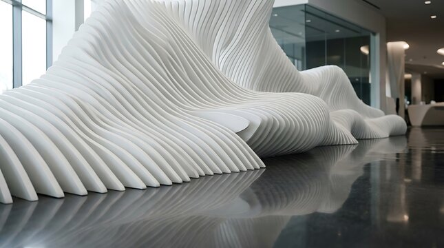 Large parametric wave interior bench installation with parametric, architecture