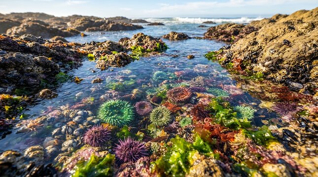 Vibrant Tide Pool Ecosystem Teeming with Marine Life and Rocky Shoreline.