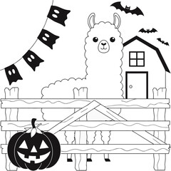 Fototapeta premium Cute llama on a farm with a pumpkin and ghost bunting for halloween