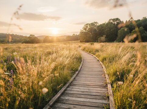 Wooden boardwalk path through a golden grassy field at sunset.