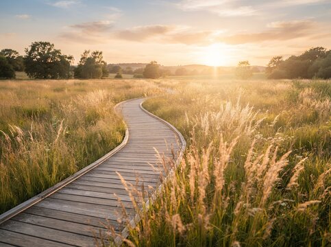 Wooden Boardwalk Winding Through Golden Meadow at Sunset.