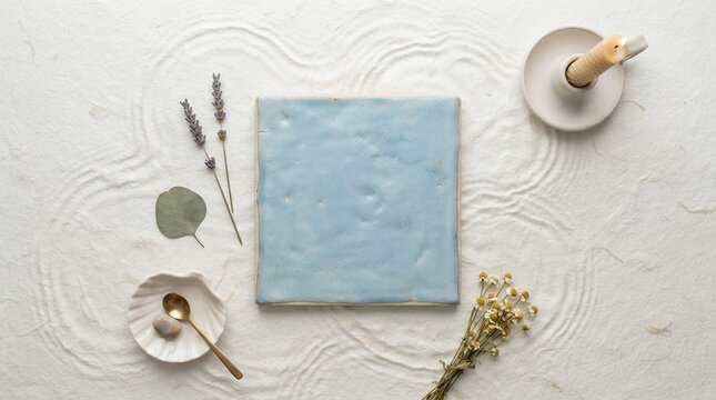 Zen Garden Arrangement with Blue Tile and Dried Flowers.