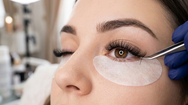 Close-up of a cosmetologist carefully applying eyelash extensions to a woman's eye with tweezers
