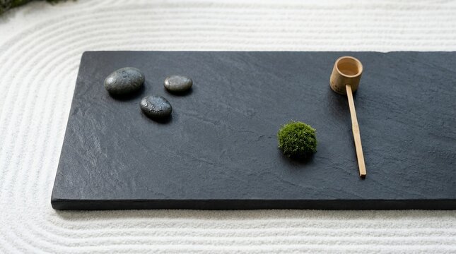 Zen Garden Elements on Slate Tray with Raked Sand Background.