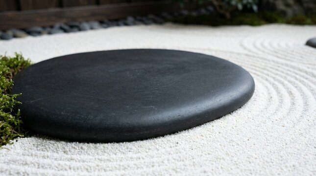 Zen Garden Stone and Raked Sand with Green Moss Close Up.