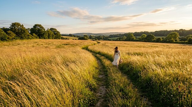 Woman walking on a path through a golden wheat field at sunset.