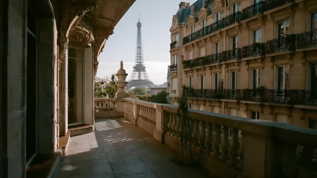 Paris, France, Europe. A panoramic view of the Eiffel Tower from a balcony in Paris, France. The balcony features ornate architectural details, including balconies, windows, and decorative moldings.