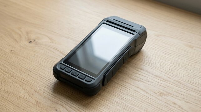 Modern portable smart pos terminal payment device with touchscreen printer on wooden desk surface