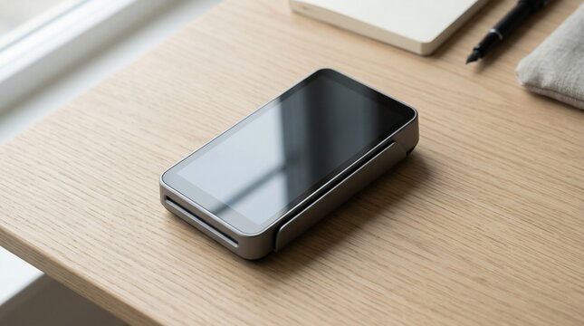Modern portable media player device on a wooden desk with other stationery items nearby