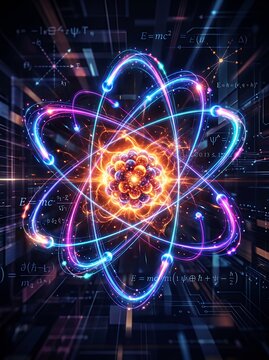 Abstract glowing atom model with orbiting electrons and energy burst at the center.