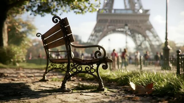 Paris, France, Europe. A vivid, sunlit photograph captures a serene park scene with the Eiffel Tower in the background. A wooden bench with ornate wrought iron detailing sits in the foreground.