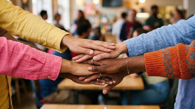 Diverse group of young friends stacking hands together for unity and teamwork in a cozy cafe setting