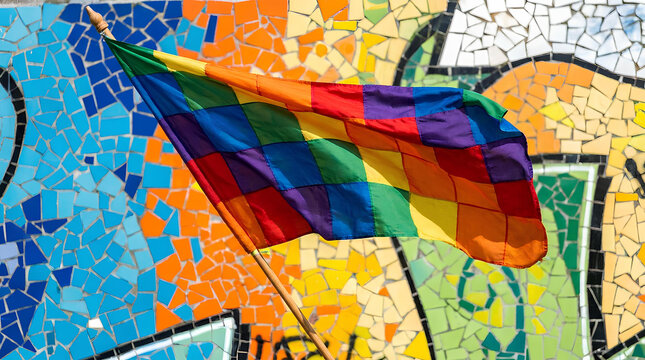 Wiphala indigenous flag flying over colorful mosaic wall.