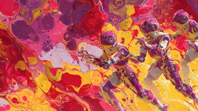 A vibrant, abstract composition featuring stylized robotic figures in motion, set against a swirling background of dynamic colors including reds, yellows, and violets. The bots, adorned in a playful