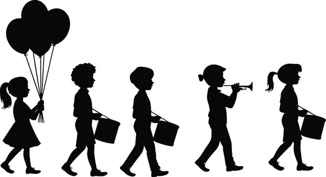 Black silhouettes of children in a parade carrying balloons, playing drums, and blowing a trumpet isolated on a white background.